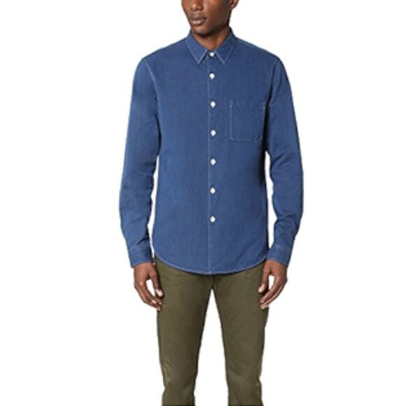 THEORY Rammy Indigo Blue Button-Up Long Sleeve Pocket Shirt Dress Work Travel M - Picture 1 of 8